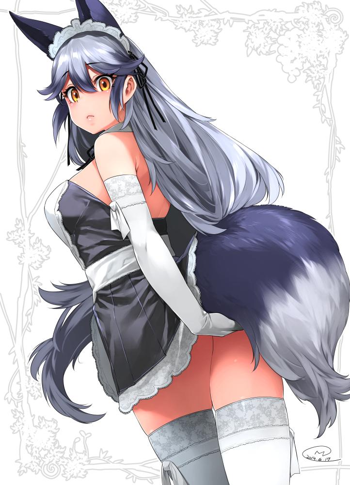 1girl alternate_costume animal_ears bare_shoulders closed_mouth commentary_request dated dress elbow_gloves enmaided fox_ears fox_tail gloves hair_between_eyes happa_(cloverppd) kemono_friends long_hair looking_at_viewer maid maid_dress maid_headdress silver_fox_(kemono_friends) silver_hair sleeveless sleeveless_dress solo tail thigh-highs white_gloves white_legwear yellow_eyes