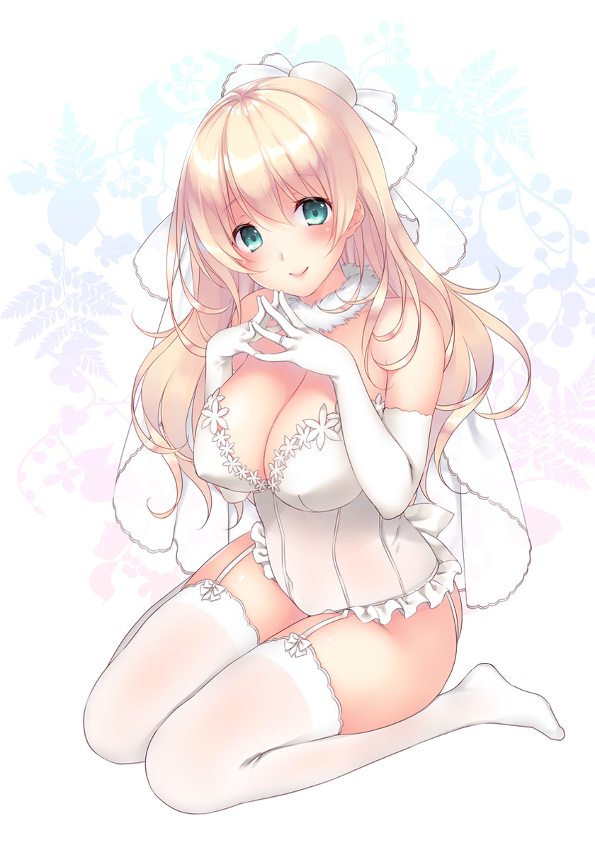1girl alternate_costume atago_(kantai_collection) ayase_hazuki blonde_hair blush breasts bridal_veil corset detached_collar elbow_gloves garter_straps gloves green_eyes highres jewelry kantai_collection large_breasts long_hair looking_at_viewer ring seiza sitting smile solo thigh-highs veil wedding_band white_corset white_gloves white_legwear