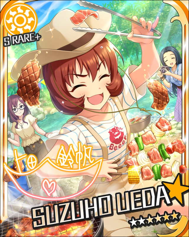 blush brown_hair character_name closed_eyes dress hat idolmaster idolmaster_cinderella_girls short_hair smile stars ueda_suzuho