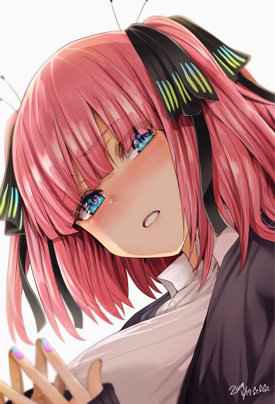 1girl bangs black_ribbon blazer blue_eyes blunt_bangs blush breasts collared_shirt commentary_request dress_shirt eyebrows_visible_through_hair go-toubun_no_hanayome hair_ornament hair_ribbon highres hoshi_san_3 jacket large_breasts long_sleeves looking_at_viewer multicolored multicolored_nails nail_polish nakano_nino parted_lips pink_hair ribbon shirt short_hair solo white_shirt