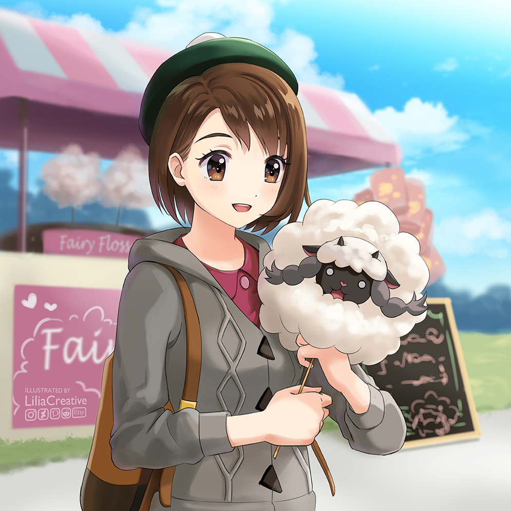 1girl artist_name backpack bag bangs blue_sky blush brown_eyes brown_hair cardigan cotton_candy female_protagonist_(pokemon_swsh) food_stand gen_8_pokemon green_headwear grey_cardigan hat liliacreative long_sleeves looking_at_viewer open_mouth outdoors pokemon pokemon_(creature) pokemon_(game) pokemon_swsh short_hair sky smile tam_o'_shanter wooloo