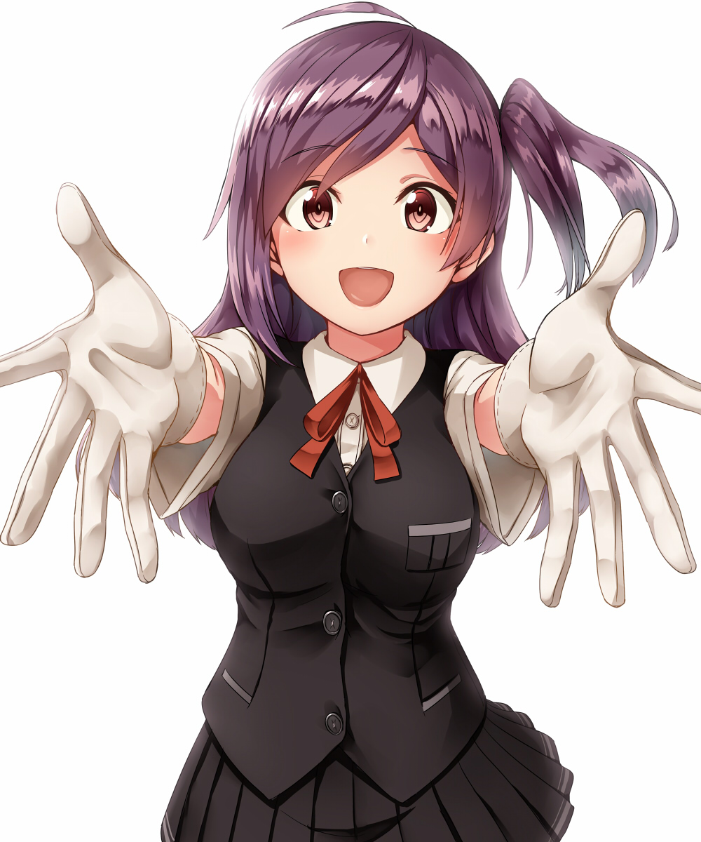 1girl :d ahoge bangs black_skirt blouse blush breasts brown_eyes cowboy_shot gloves hagikaze_(kantai_collection) highres kamelie kantai_collection long_hair looking_at_viewer neck_ribbon one_side_up open_mouth pleated_skirt purple_hair reaching_out red_ribbon ribbon school_uniform short_sleeves sidelocks simple_background skirt smile solo vest white_blouse white_gloves