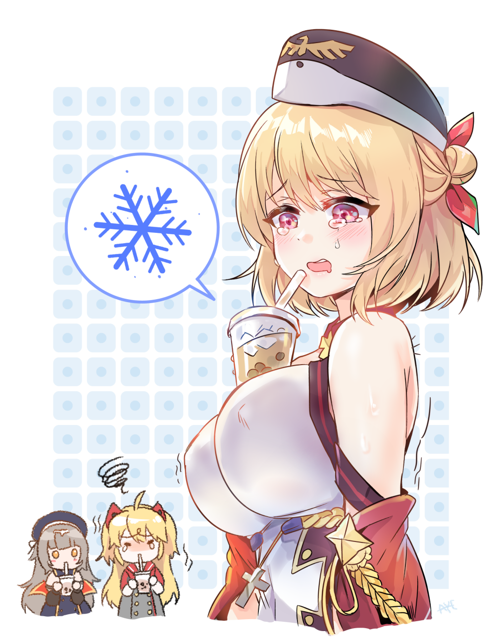 3girls admiral_hipper_(azur_lane) aye azur_lane blonde_hair breasts bubble_tea bubble_tea_challenge commentary_request cross cross_necklace drinking hat highres ice ice_cube jewelry large_breasts leipzig_(azur_lane) long_hair multiple_girls necklace open_mouth short_hair silver_hair simple_background tears violet_eyes z46_(azur_lane)