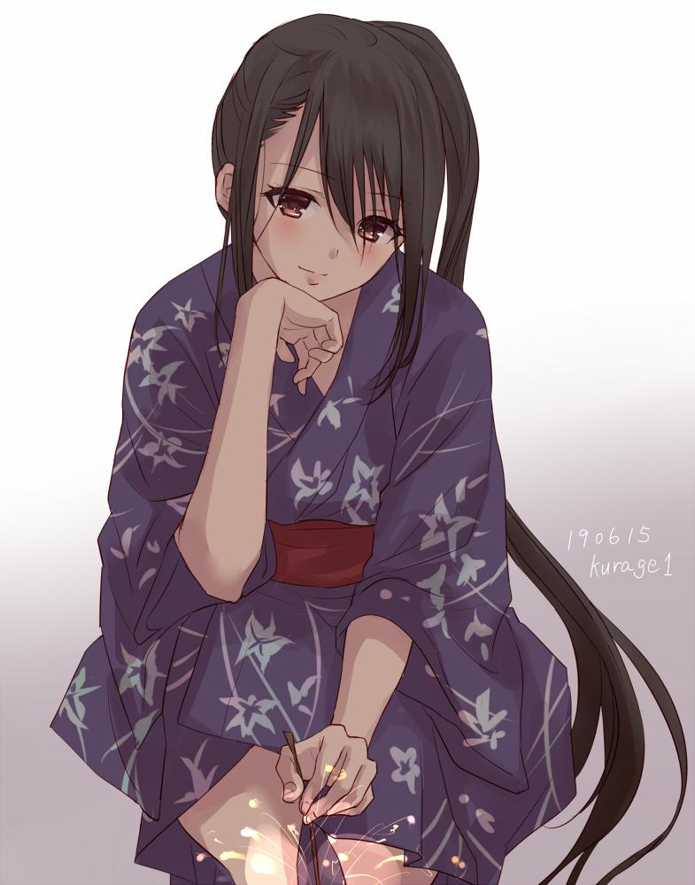 1girl absurdly_long_hair alternate_costume black_hair brown_eyes dated fireworks gradient gradient_background japanese_clothes kantai_collection kimono long_hair nachi_(kantai_collection) purple_kimono senkou_hanabi side_ponytail simple_background smile solo sparkler twitter_username u0709 very_long_hair yukata