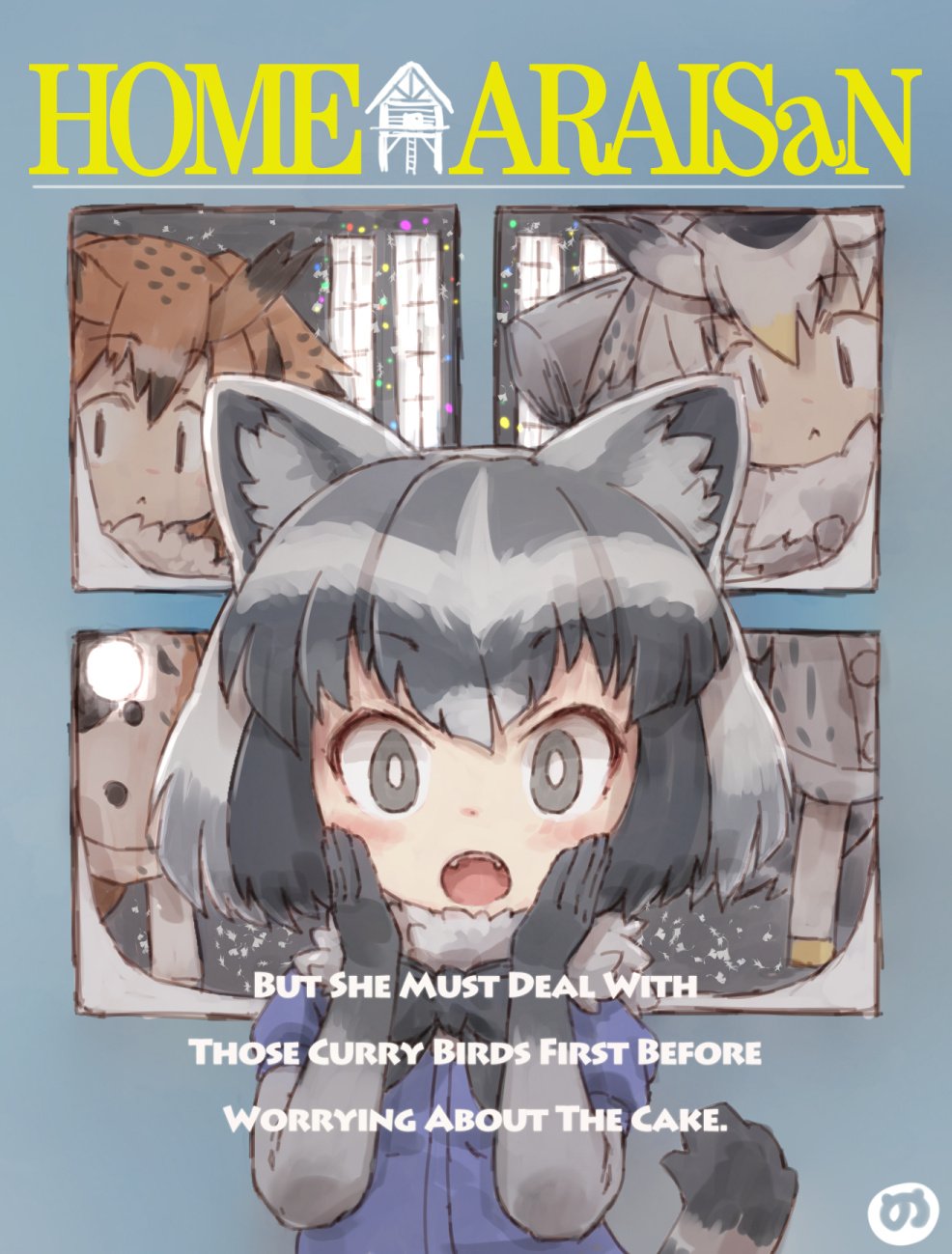 3girls :&lt; animal_ears black_gloves black_hair brown_hair commentary_request common_raccoon_(kemono_friends) elbow_gloves english_text eurasian_eagle_owl_(kemono_friends) eyebrows_visible_through_hair fangs gloves grey_hair hands_on_own_face highres holding_flashlight home_alone kemono_friends kolshica looking_at_viewer multiple_girls northern_white-faced_owl_(kemono_friends) open_mouth parody raccoon_ears raccoon_tail short_hair tail upper_teeth