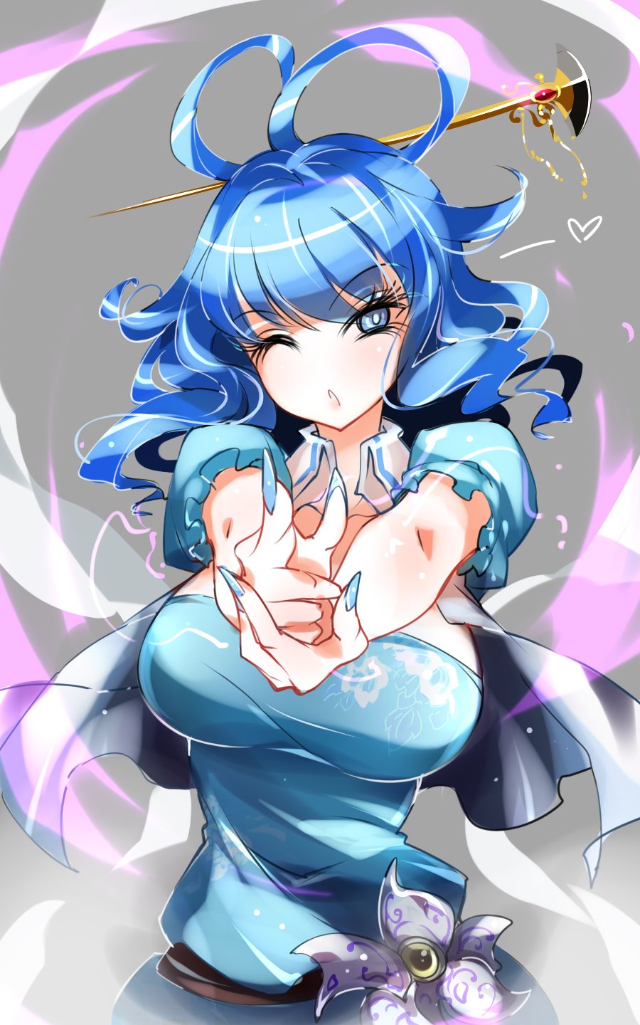 1girl belt black_belt blue_dress blue_eyes blue_hair blue_nails blush breasts commentary_request dress finger_gun fingernails floral_print flower grey_background hair_ornament hair_rings hair_stick heart highres kaku_seiga large_breasts looking_at_viewer nail_polish no_nose one_eye_closed parted_lips puffy_short_sleeves puffy_sleeves raptor7 sharp_fingernails short_hair short_sleeves solo touhou upper_body vest white_vest wing_collar