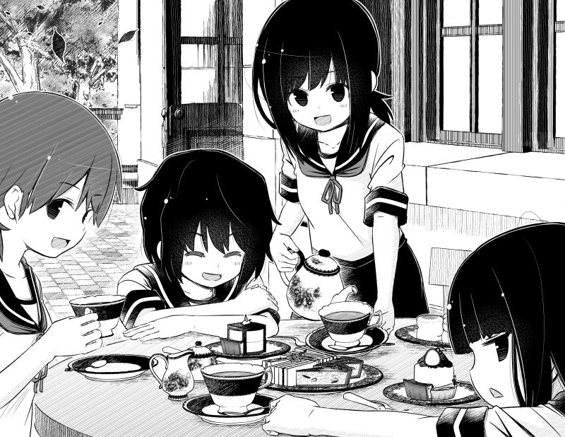 4girls commentary_request crossed_arms cup food fubuki_(kantai_collection) fujisaki_yuu greyscale hatsuyuki_(kantai_collection) holding leaf low_ponytail miyuki_(kantai_collection) monochrome multiple_girls open_mouth outdoors plate ponytail school_uniform serafuku shirayuki_(kantai_collection) short_ponytail sidelocks sitting smile table teacup teapot