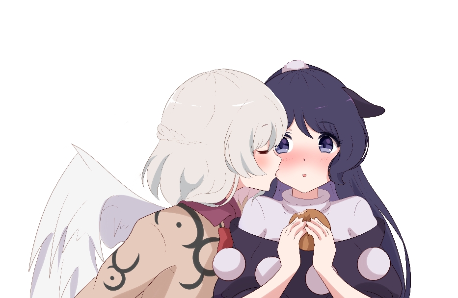 2girls :t animal_ears bangs black_capelet blue_eyes blue_hair blush bow bowtie braid breasts capelet cheek_kiss commentary doremy_sweet dress eyebrows_visible_through_hair feathered_wings food french_braid grey_jacket hair_between_eyes hamburger holding holding_food jacket jewelry kishin_sagume kiss long_hair long_sleeves looking_at_another medium_breasts multiple_girls no_hat no_headwear pom_pom_(clothes) profile purple_dress red_bow red_neckwear short_hair silver_hair simple_background single_wing tapir_ears touhou upper_body white_background white_dress white_wings wings yukome yuri