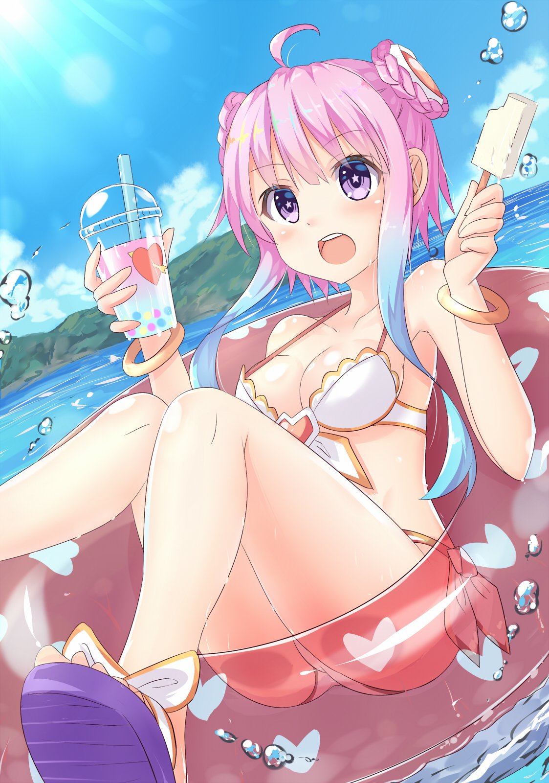 1girl ahoge bikini blush bracelet breasts compile_heart eyebrows_visible_through_hair food highres ice_cream ileheart innertube jewelry kazuneko_(wktk1024) medium_breasts multicolored_hair necklace pink_eyes pink_hair sidelocks sitting star star-shaped_pupils swimsuit symbol-shaped_pupils two-tone_hair under_boob white_bikini