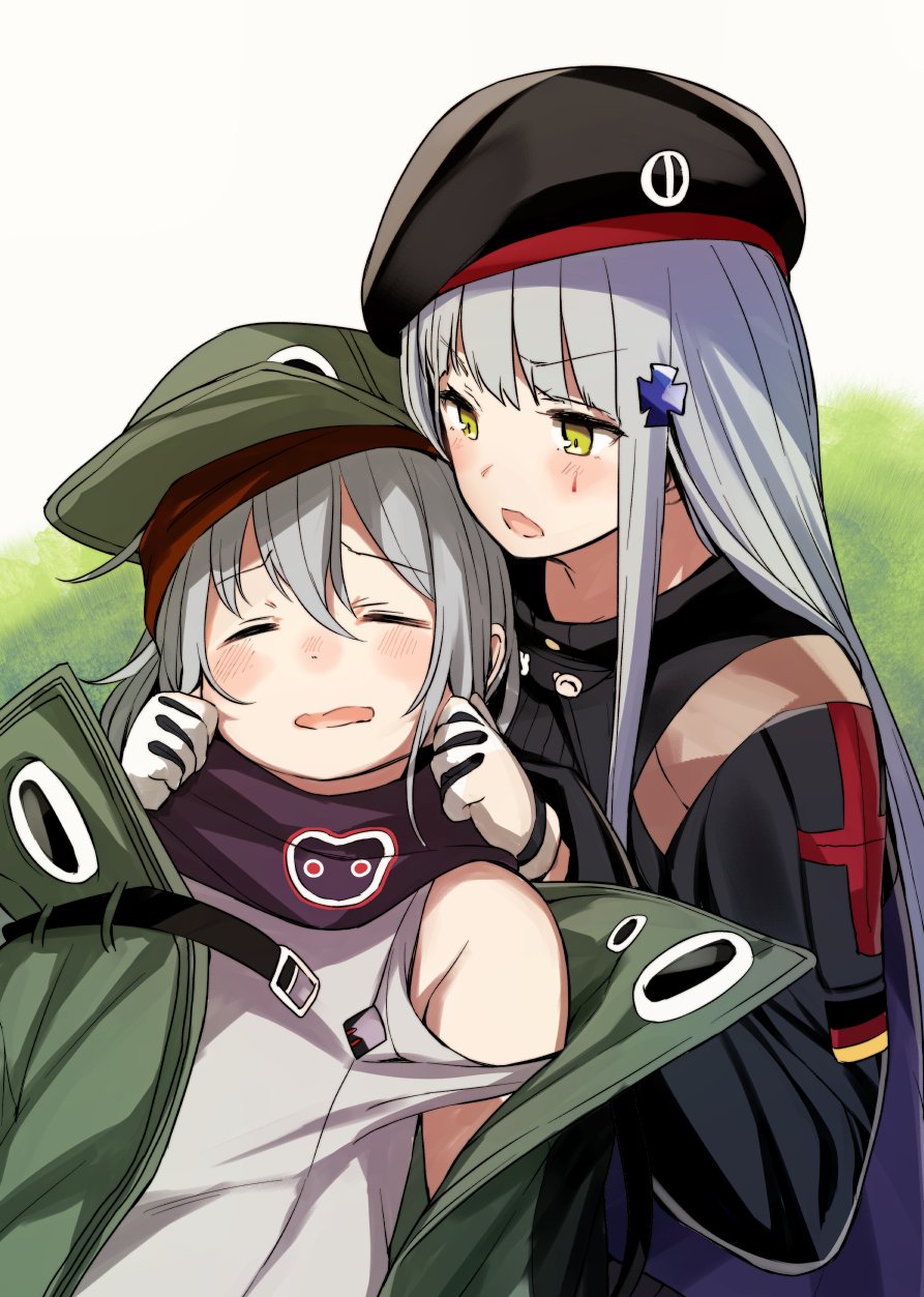 2girls bangs beret black_headwear black_jacket closed_eyes commentary_request eyebrows_visible_through_hair facial_mark g11_(girls_frontline) girls_frontline gloves green_eyes green_headwear green_jacket hair_between_eyes hair_ornament hat highres hk416_(girls_frontline) jacket long_hair multiple_girls open_mouth scarf shirt sidelocks silver_hair tobimura