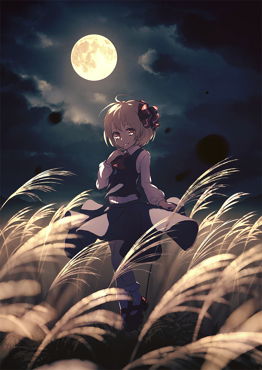 1girl arm_up black_skirt black_vest blonde_hair blurry bobby_socks clouds cloudy_sky cravat depth_of_field dise eyebrows_visible_through_hair finger_to_mouth full_moon hair_ribbon head_tilt highres leg_lift long_sleeves looking_at_viewer mary_janes moon night outdoors red_eyes red_footwear red_neckwear ribbon rumia scenery shirt shoes short_hair skirt sky socks solo standing standing_on_one_leg susuki_grass touhou vest white_legwear white_shirt wind wind_lift