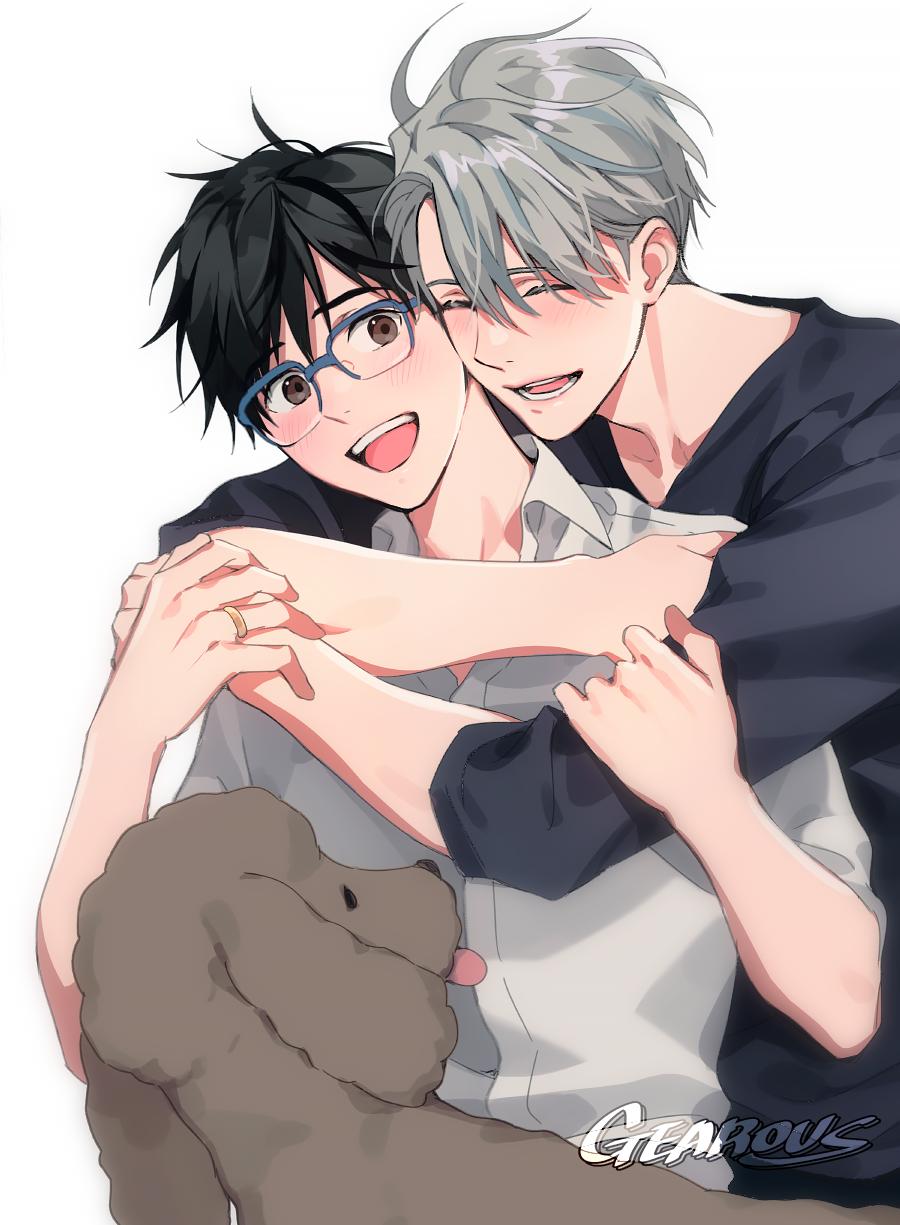 2boys :d ^_^ ^o^ animal artist_name black_hair black_shirt blue-framed_eyewear blush brown_eyes closed_eyes commentary_request dog gearous glasses happy highres hug hug_from_behind jewelry katsuki_yuuri long_sleeves looking_at_another looking_back makkachin male_focus multiple_boys open_mouth over-rim_eyewear ring semi-rimless_eyewear shirt silver_hair simple_background smile teeth tongue tongue_out viktor_nikiforov wedding_ring white_background yaoi yuri!!!_on_ice