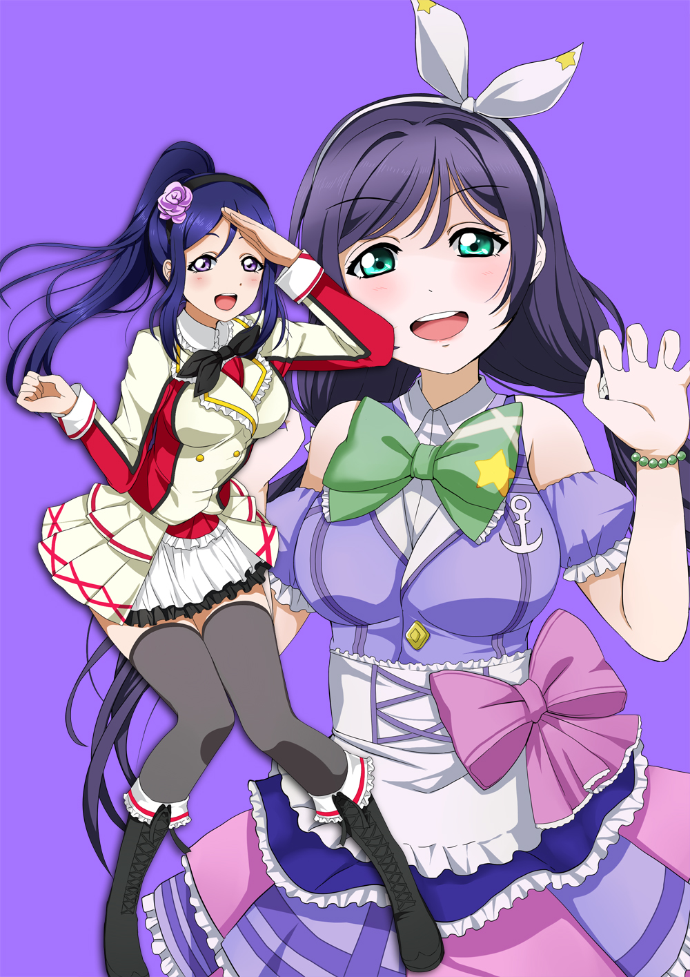 2girls blue_hair cosplay costume_switch detached_sleeves flower green_eyes greetload hair_flower hair_ornament highres kimi_no_kokoro_wa_kagayaiteru_kai? love_live! love_live!_school_idol_project love_live!_sunshine!! matsuura_kanan md5_mismatch multiple_girls open_mouth ponytail purple_hair salute smile sore_wa_bokutachi_no_kiseki thigh-highs toujou_nozomi trait_connection twintails violet_eyes