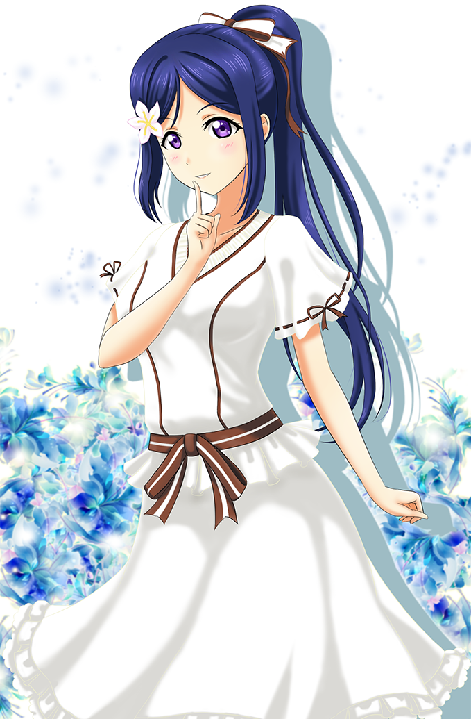 1girl arjend bangs blue_hair bow brown_ribbon flower formal hair_bow hair_flower hair_ornament high_ponytail index_finger_raised long_hair long_skirt looking_at_viewer love_live! love_live!_sunshine!! matsuura_kanan parted_bangs parted_lips ribbon ribbon-trimmed_sleeves ribbon_trim shiny shiny_hair shirt short_sleeves skirt skirt_suit smile solo standing striped striped_ribbon suit very_long_hair violet_eyes white_bow white_flower white_shirt white_skirt