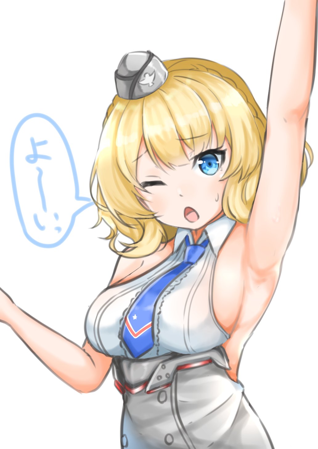 1girl arm_up armpits blonde_hair blue_eyes blue_neckwear breasts colorado_(kantai_collection) commentary_request dress garrison_cap grey_dress hat highres kantai_collection large_breasts necktie one_eye_closed shirt short_hair side_braids sideboob simple_background sleeveless smileagain40 solo white_background white_shirt