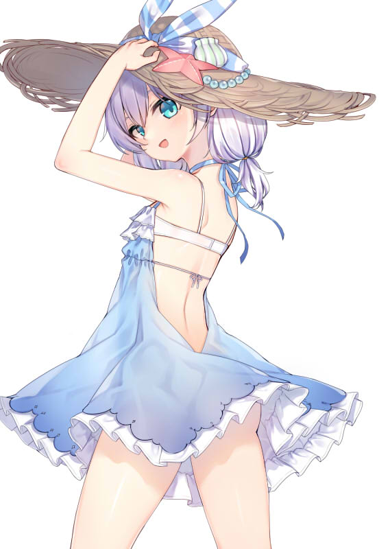 1girl :d arms_up backless_dress backless_outfit bangs bare_arms bare_shoulders blue_dress blush bra brown_headwear commentary_request dress frilled_dress frills green_eyes hair_between_eyes hands_on_headwear hat hat_ribbon head_tilt honkai_(series) honkai_impact_3rd kuro_(kuronell) long_hair looking_at_viewer looking_to_the_side open_mouth ribbon seashell shell silver_hair simple_background sleeveless sleeveless_dress smile solo starfish straw_hat striped striped_ribbon theresa_apocalypse underwear white_background white_bra