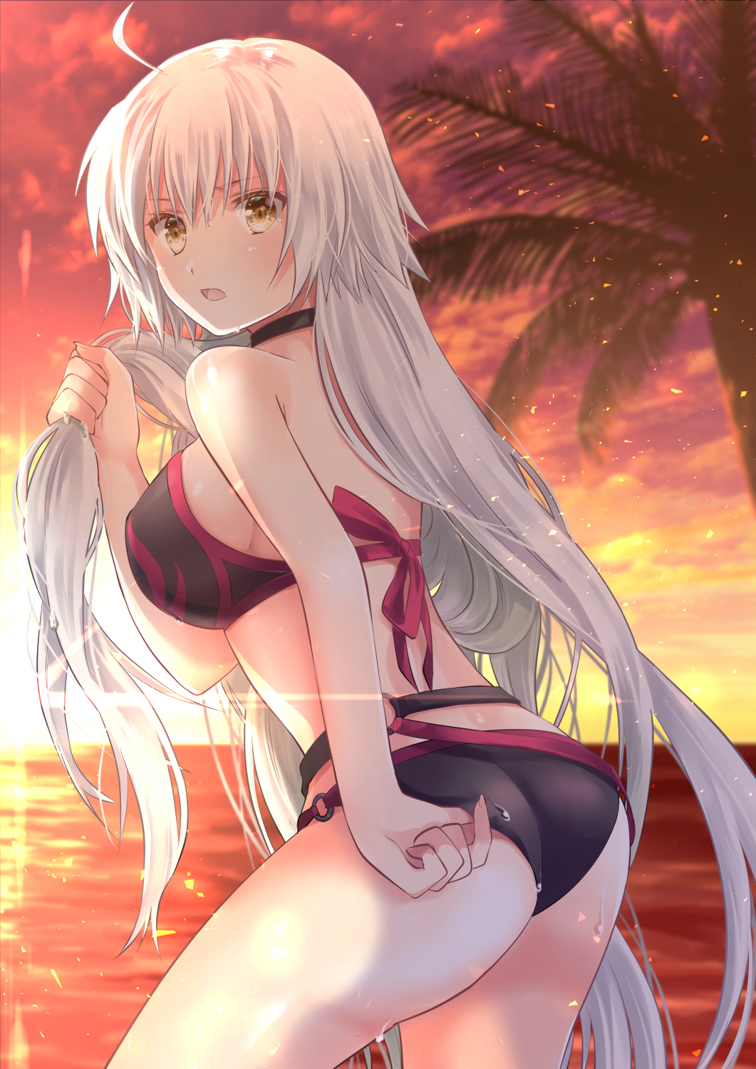 1girl :o ahoge ass back bare_arms bare_shoulders belt bikini black_bikini black_choker breasts brown_eyes choker clouds cloudy_sky commentary_request cowboy_shot fate/apocrypha fate/grand_order fate_(series) from_behind highres holding holding_hair horizon iroha_(shiki) jeanne_d'arc_(alter_swimsuit_berserker) jeanne_d'arc_(fate)_(all) large_breasts long_hair looking_at_viewer looking_back ocean open_mouth orange_sky outdoors palm_tree sky solo standing sunset swimsuit thighs tree type_moon very_long_hair wet white_hair