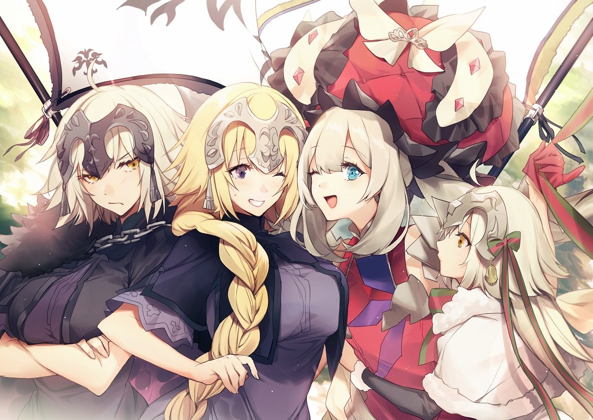 4girls ahoge blonde_hair blue_eyes braid cropped_jacket crossed_arms eyebrows_visible_through_hair fate/grand_order fate_(series) flag frown gloves hair_ornament hat headdress jeanne_d'arc_(alter)_(fate) jeanne_d'arc_(fate) jeanne_d'arc_(fate)_(all) jeanne_d'arc_alter_santa_lily long_hair marie_antoinette_(fate/grand_order) multiple_girls no-kan one_eye_closed open_mouth short_hair single_braid smile sweatdrop violet_eyes yellow_eyes