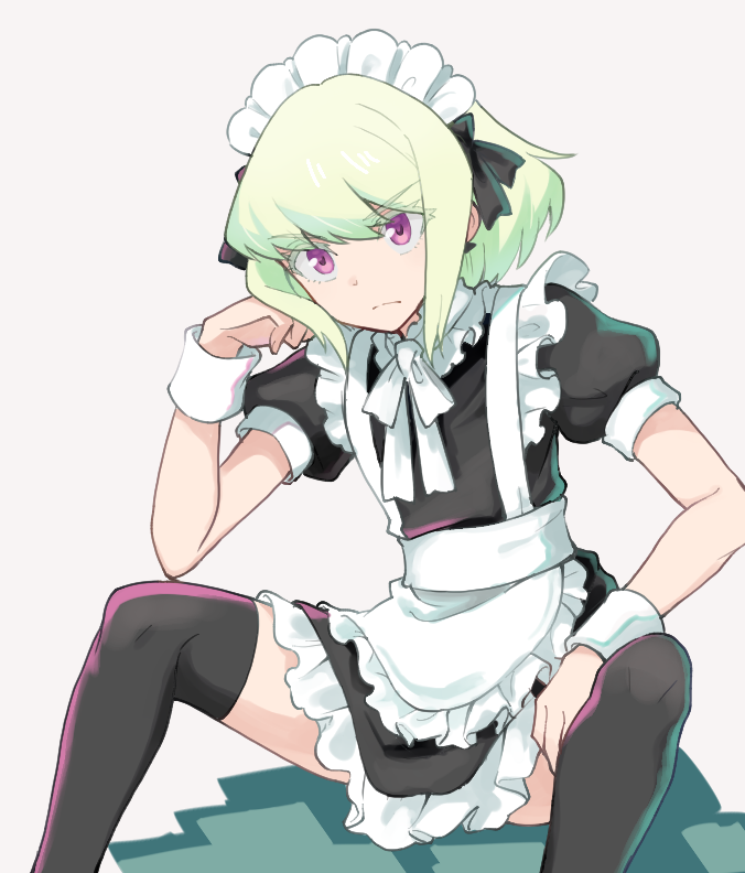 1boy apron black_legwear blonde_hair botamochi_(exwelder) crossdressinging dress earrings frills green_hair jewelry lio_fotia maid maid_apron maid_headdress male_focus otoko_no_ko promare puffy_short_sleeves puffy_sleeves ribbon short_sleeves sitting violet_eyes waist_apron wrist_cuffs