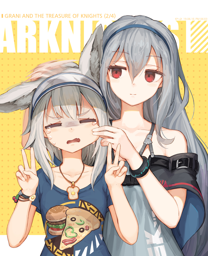 2girls =_= animal_ear_fluff animal_ears arknights bangs belt belt_buckle black_belt blue_hairband blue_shirt buckle cheek_pinching closed_eyes closed_mouth collarbone commentary copyright_name crying double_v dress eyebrows_visible_through_hair fang food_print grani_(arknights) grey_dress grey_hair hair_between_eyes hairband hands_up jakoujika long_hair multiple_girls open_mouth petting pinching polka_dot polka_dot_background print_shirt red_eyes shirt short_sleeves skadi_(arknights) sleeveless sleeveless_dress tears v very_long_hair yellow_background