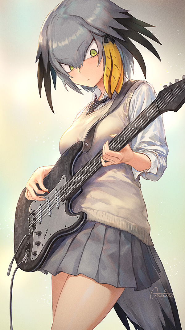 1girl bird_tail black_hair black_neckwear blonde_hair breasts cardigan collared_shirt commentary cowboy_shot eyebrows_visible_through_hair green_eyes grey_hair grey_skirt guchico guitar hair_between_eyes holding holding_instrument instrument kemono_friends large_breasts long_sleeves looking_away looking_down multicolored_hair necktie pleated_skirt shirt shoebill_(kemono_friends) short_hair skirt solo white_shirt