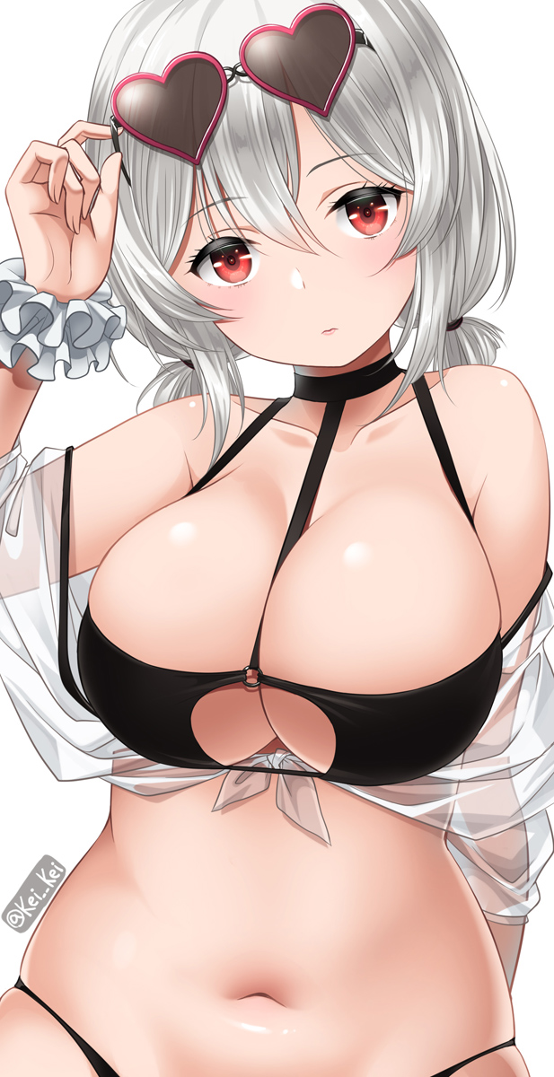 1girl alternate_costume azur_lane bangs black_choker choker closed_mouth expressionless eyewear_on_head hair_between_eyes heart heart-shaped_eyewear highres kei_kei lips looking_at_viewer red_eyes scrunchie short_hair sirius_(azur_lane) sirius_(midsummer_seirios)_(azur_lane) solo twitter_username white_hair white_scrunchie wrist_scrunchie