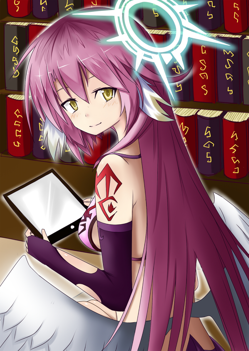 1girl angel_wings artist_request book bookshelf breasts bridal_gauntlets closed_mouth commentary_request crop_top feathered_wings halo jibril_(no_game_no_life) large_breasts long_hair low_wings magic_circle midriff no_game_no_life pink_hair sideboob smile solo tablet_pc tattoo very_long_hair white_wings wing_ears wings