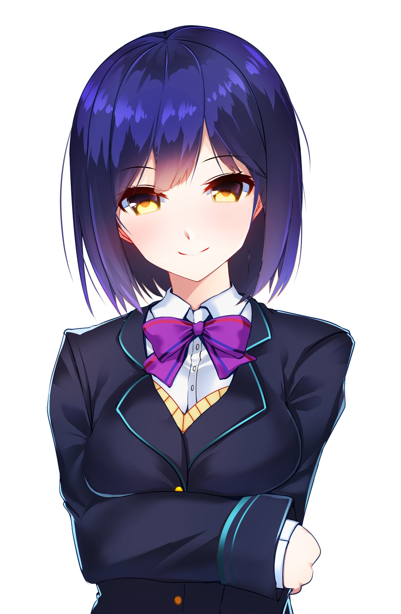 1girl blue_hair bow bowtie highres jacket looking_at_viewer nijisanji school_uniform shizuka_rin short_hair simple_background smile solo tsukui_kachou upper_body virtual_youtuber white_background yellow_eyes