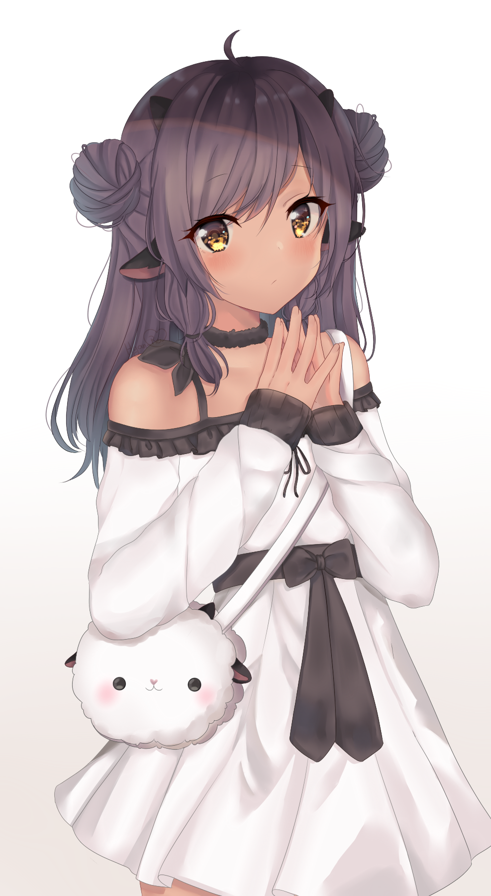 1girl ahoge animal_ears artist_name bag bangs black_bow black_choker bow brown_eyes choker dark_skin double_bun dress goat_ears handbag hands_up highres hyan-rei long_hair long_sleeves personification pokemon sidelocks solo standing steepled_fingers white_background white_dress wooloo