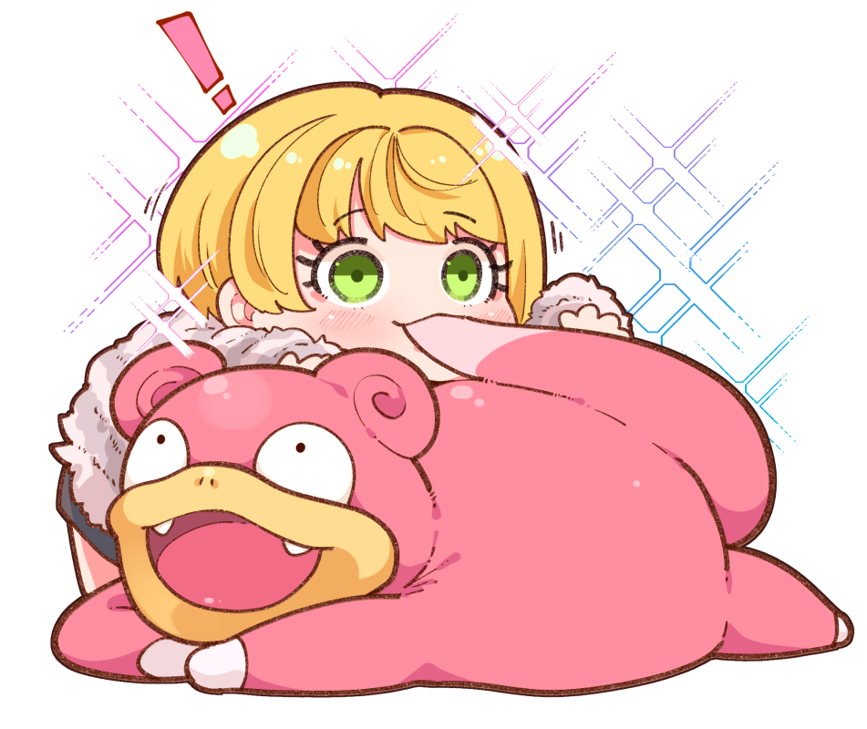 ! 1girl bangs biting black_skirt blonde_hair blush chibi eyebrows_visible_through_hair eyelashes fur_sweater gen_1_pokemon green_eyes idolmaster idolmaster_cinderella_girls long_sleeves lying lying_on_another miyamoto_frederica motion_lines nostrils on_stomach open_mouth pokemon pokemon_(creature) shiny shiny_hair short_hair sidelocks simple_background skirt slowpoke smile sparkle striped striped_sweater sweater swept_bangs tail tail_biting takatoo_kurosuke white_background white_sweater