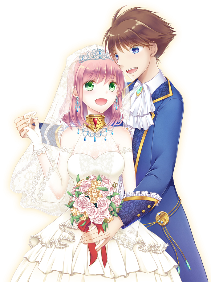 1boy 1girl :d blue_eyes blue_suit bouquet breasts bridal_veil brown_hair butz_klauser commentary_request couple detached_sleeves dress final_fantasy final_fantasy_v flower gloves green_eyes holding_hands large_breasts lenna_charlotte_tycoon open_mouth pink_hair short_hair smile veil wedding_dress white_background white_dress white_gloves white_sleeves yuuri_mitsuki