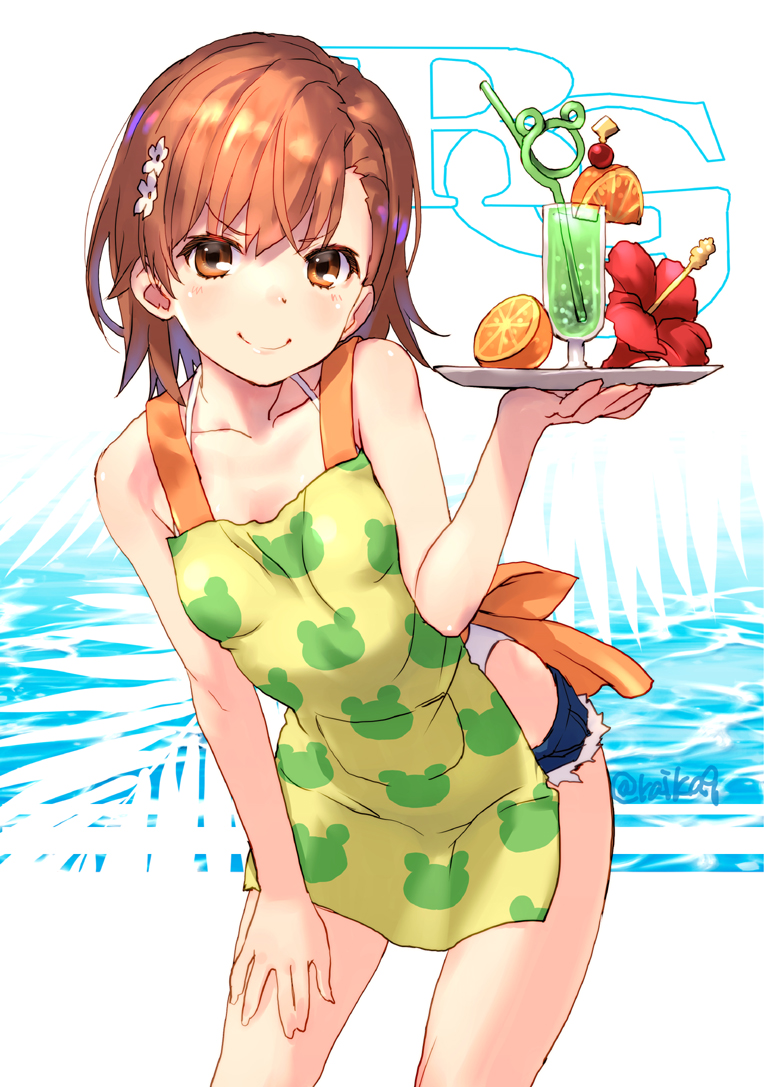 &gt;:) 1girl animal_print apron bangs bare_shoulders blue_shorts blush breasts brown_eyes brown_hair closed_mouth collarbone cowboy_shot crazy_straw cup denim denim_shorts drinking_glass drinking_straw eyebrows_visible_through_hair flower food frog_print fruit hair_flower hair_ornament hand_on_own_thigh hibiscus holding holding_tray leaning_forward misaka_mikoto orange raika9 red_flower short_hair short_shorts shorts small_breasts smile solo swimsuit swimsuit_under_clothes to_aru_kagaku_no_railgun to_aru_majutsu_no_index tray twitter_username water yellow_apron