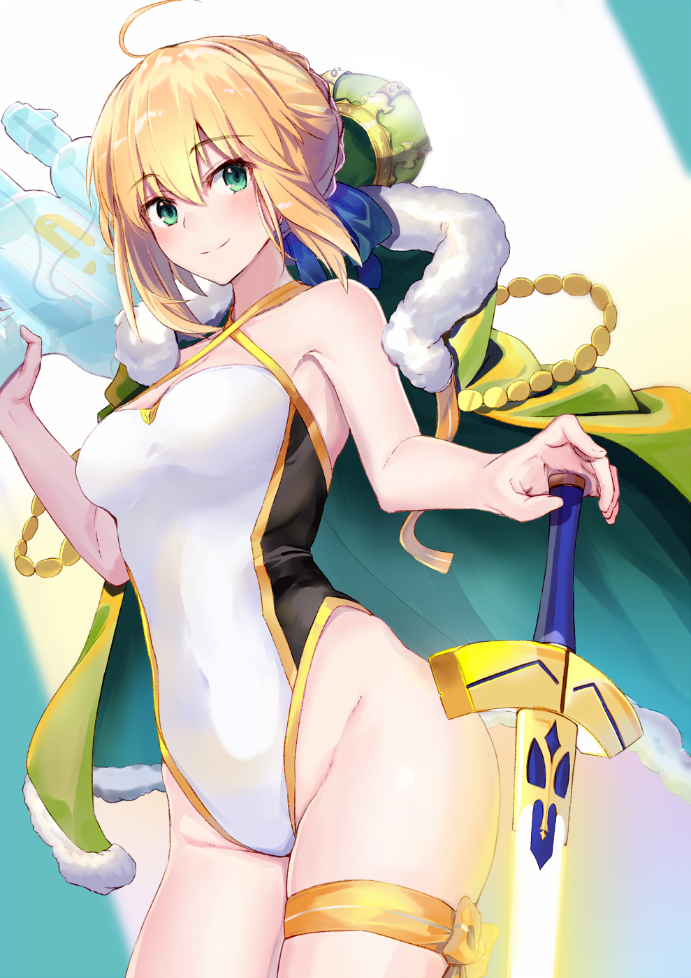 1girl ahoge artoria_pendragon_(all) artoria_pendragon_(swimsuit_archer) blonde_hair bow bowtie braid breasts cape casual_one-piece_swimsuit commentary_request cowboy_shot crown crown_braid excalibur fate/grand_order fate/stay_night fate_(series) french_braid fur-trimmed_cape fur_trim green_cape green_eyes highres long_hair looking_at_viewer medium_breasts ninoude_(ninoude44) one-piece_swimsuit saber solo standing swimsuit sword weapon white_swimsuit