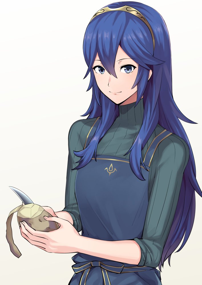 1girl a_meno0 blue_eyes blue_hair blush cooking fire_emblem fire_emblem:_kakusei flat_chest food hair_between_eyes intelligent_systems jewelry knife long_hair looking_at_viewer lucina nintendo peeling potato simple_background smile solo tiara white_background