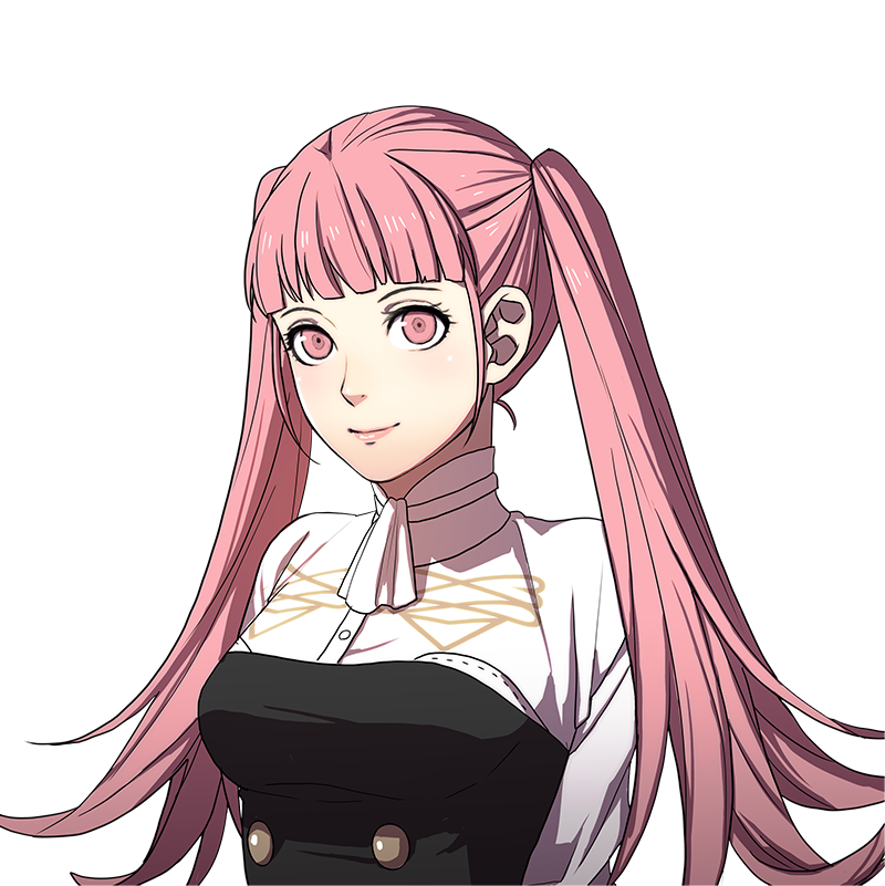 1girl bangs blunt_bangs breasts cravat fire_emblem fire_emblem:_three_houses hair_pulled_back high_collar hilda_(fire_emblem:_three_houses) intelligent_systems kurahana_chinatsu long_hair looking_at_viewer medium_breasts nintendo official_art parted_lips pink_eyes pink_hair shirt smile solo transparent_background twintails uniform upper_body