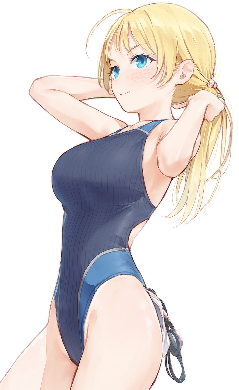 1girl ahoge bangs black_swimsuit blonde_hair blue_eyes breasts commentary_request competition_swimsuit cowboy_shot goggles goggles_removed hachimiya_meguru hands_in_hair highleg highleg_swimsuit highres holding holding_hair idolmaster idolmaster_shiny_colors large_breasts light_blue_eyes light_blush long_hair mikazuchi_zeus one-piece_swimsuit ponytail simple_background solo standing striped striped_swimsuit swim_cap_removed swimsuit tying_hair white_background