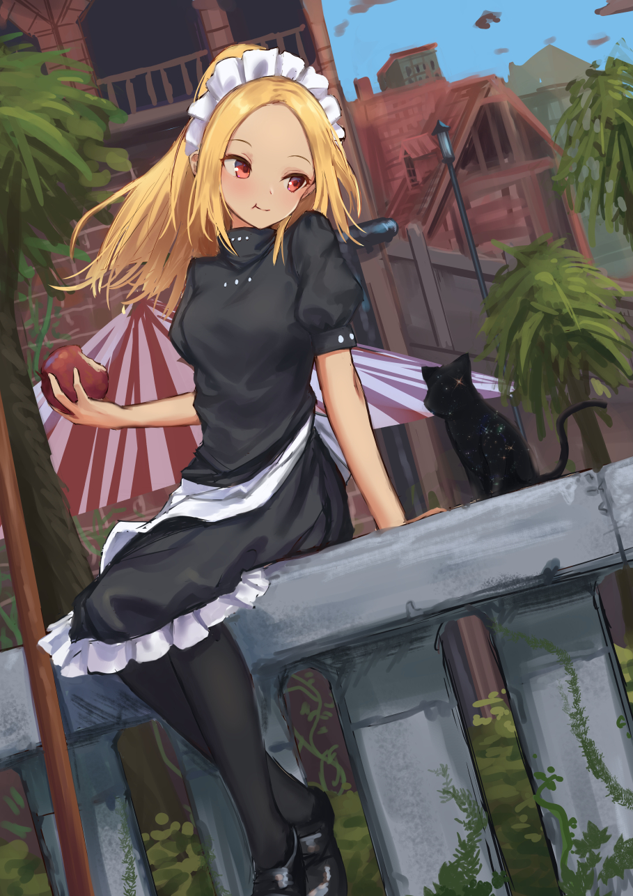 1girl :t alternate_costume alternate_hairstyle apron arm_support black_cat black_dress black_footwear black_legwear blonde_hair blue_sky blush breasts building cat commentary_request day dress dusty_(gravity_daze) dutch_angle enmaided feet_out_of_frame food forehead gravity_daze highres holding holding_food kitten_(gravity_daze) long_hair looking_at_another maid maid_apron medium_breasts outdoors pantyhose petticoat ponytail puffy_short_sleeves puffy_sleeves red_eyes roke_(taikodon) shoes short_sleeves sitting sky smile tree waist_apron