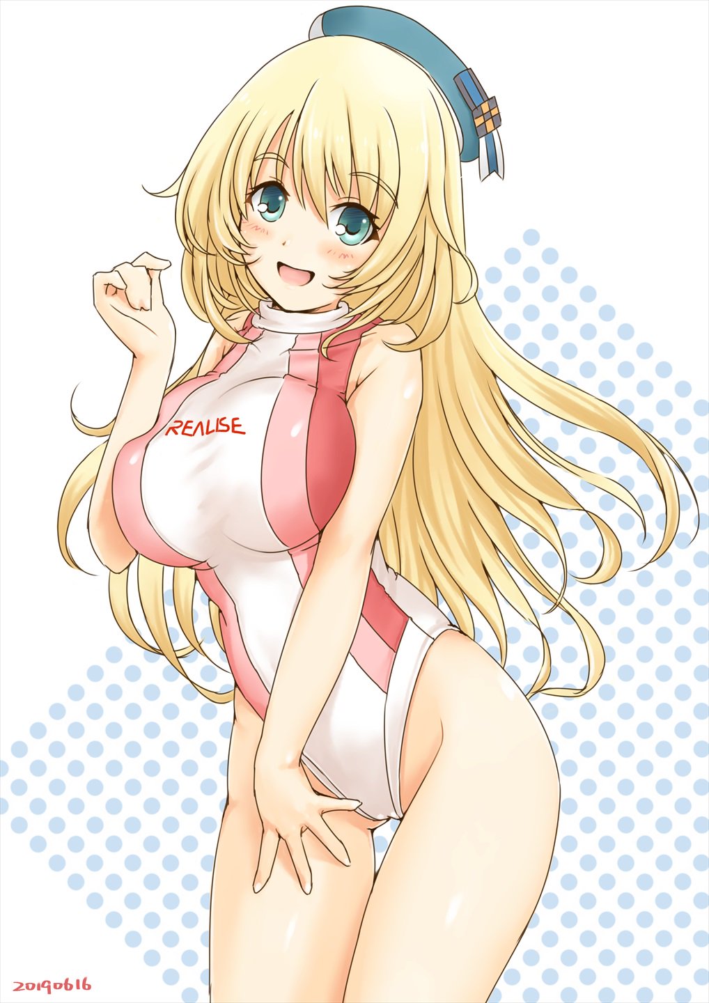 1girl atago_(kantai_collection) blonde_hair floating_hair green_eyes hat highres kantai_collection long_hair looking_at_viewer one-piece_swimsuit shima01st simple_background skin_tight smile swimsuit thighs