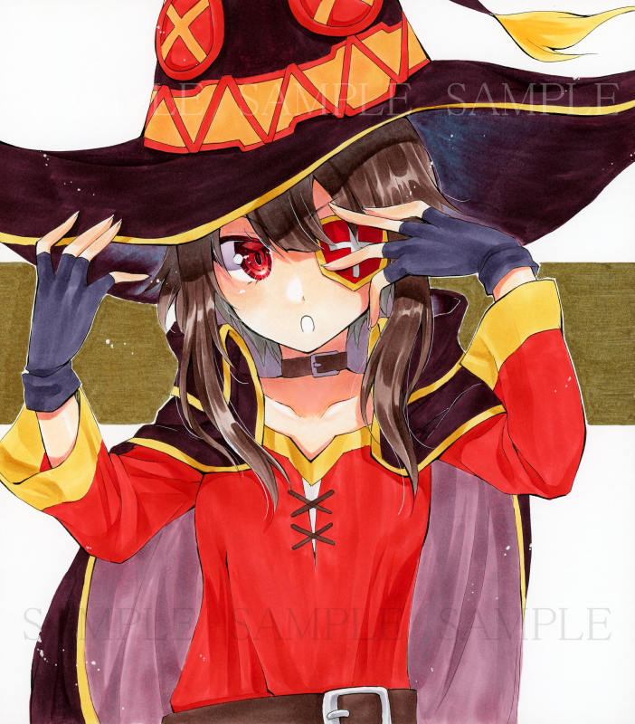 1girl alto2019 black_gloves black_headwear brown_hair collar collarbone eyepatch fingerless_gloves gloves hat kono_subarashii_sekai_ni_shukufuku_wo! long_hair long_sleeves looking_at_viewer marker_(medium) megumin open_mouth red_eyes red_shirt sample shiny shiny_hair shirt solo traditional_media upper_body witch_hat