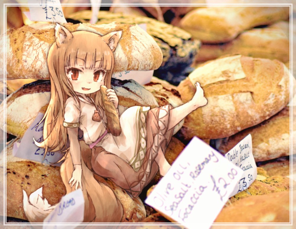 1girl animal_ears barefoot blush brown_hair chibi eyebrows_visible_through_hair food food_request holo kolshica long_hair paper parted_lips red_eyes sitting smile solo spice_and_wolf tail very_long_hair wolf_ears wolf_tail