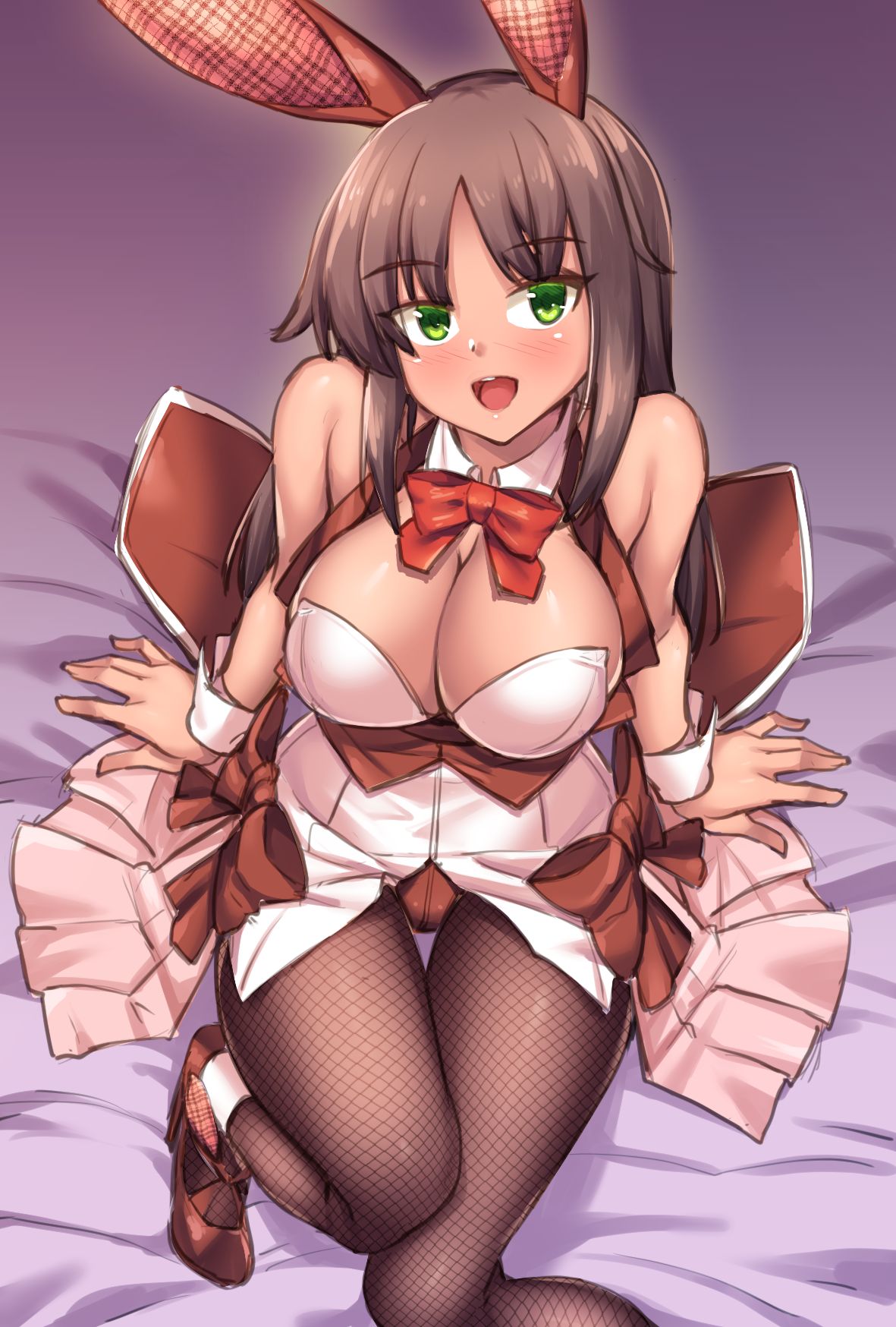 1girl animal_ears bow bowtie breasts brown_hair bunny_tail bunnysuit character_request copyright_request detached_collar fishnet_pantyhose fishnets green_eyes highres large_breasts leotard looking_at_viewer on_bed pantyhose rabbit_ears red_neckwear shirokuma_a sitting sitting_on_bed solo strapless strapless_leotard tail white_background wrist_cuffs