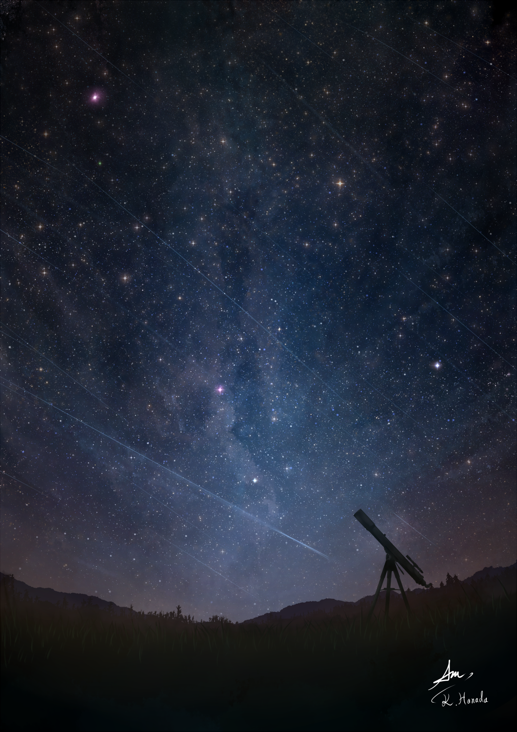 alu.m_(alpcmas) artist_name dark grass highres hill meteor_shower night night_sky no_humans original scenery signature sky star star_(sky) starry_sky telescope