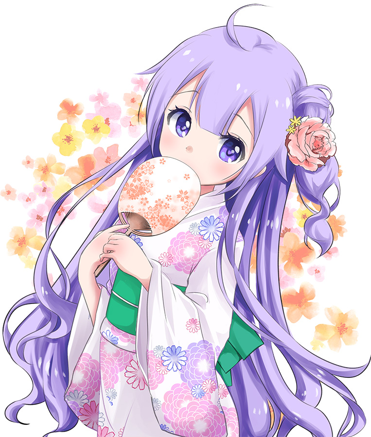 1girl ahoge azur_lane bangs commentary_request covered_mouth eyebrows_visible_through_hair fan floral_background floral_print flower hair_between_eyes hair_bun hair_flower hair_ornament holding japanese_clothes kimono long_hair long_sleeves obi one_side_up paper_fan pink_flower pink_rose print_kimono purple_hair rose sash side_bun solo sukireto uchiwa unicorn_(azur_lane) very_long_hair violet_eyes white_background white_kimono wide_sleeves yellow_flower yukata