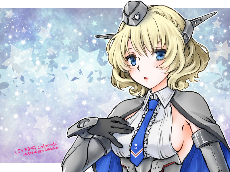 1girl black_gloves blonde_hair blue_eyes blue_neckwear breasts character_name colorado_(kantai_collection) commentary_request dated elbow_gloves garrison_cap gloves hat headgear kantai_collection kishino large_breasts looking_at_viewer necktie shirt short_hair side_braids sideboob sleeveless solo sparkle_background star starry_background twitter_username upper_body white_shirt