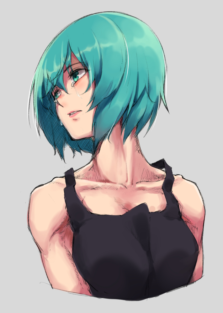 1girl aqua_eyes aqua_hair breasts collarbone crying crying_with_eyes_open green_eyes grey_background kemololi lips looking_away portrait sad sei_asagiri short_hair solo tank_top tears va-11_hall-a