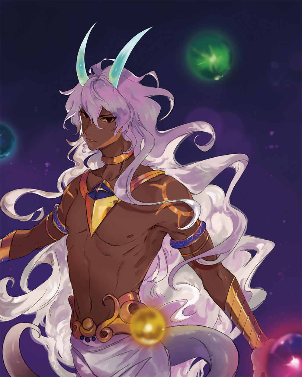 1boy arjuna_(berserker)_(fate) black_eyes bracelet chest choker collarbone dark_skin dark_skinned_male eyebrows_visible_through_hair fate/grand_order fate_(series) gold_bracelet hair_between_eyes highres horns jewelry lizard_tail long_hair looking_at_viewer male_focus my-cooma navel pants parted_lips shirtless solo tail tattoo teeth white_hair white_pants