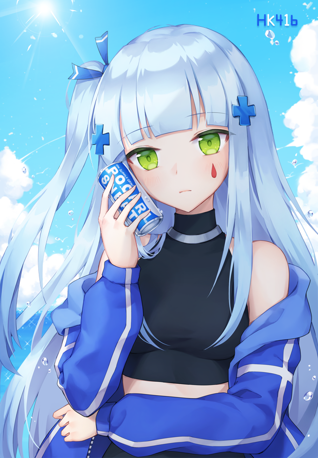 1girl bangs bare_shoulders black_shirt blue_jacket blue_ribbon blue_sky blush breasts can character_name closed_mouth clouds commentary day eyebrows_visible_through_hair facial_mark girls_frontline green_eyes hair_ornament hair_ribbon head_tilt hk416_(girls_frontline) holding holding_can jacket long_hair medium_breasts midriff off_shoulder one_side_up open_clothes open_jacket outdoors pocari_sweat pong_(vndn124) ribbon shirt silver_hair sky sleeveless sleeveless_shirt solo upper_body very_long_hair
