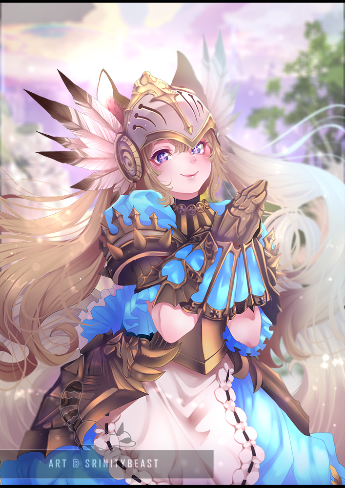 +_+ 1girl animal_ear_fluff animal_ears armor blurry blurry_background commission elin_(tera) feathers fox_ears hands_together helmet knight large_tail long_hair looking_at_viewer outdoors plushmallow_(elin) srinitybeast tail tera_online violet_eyes watermark