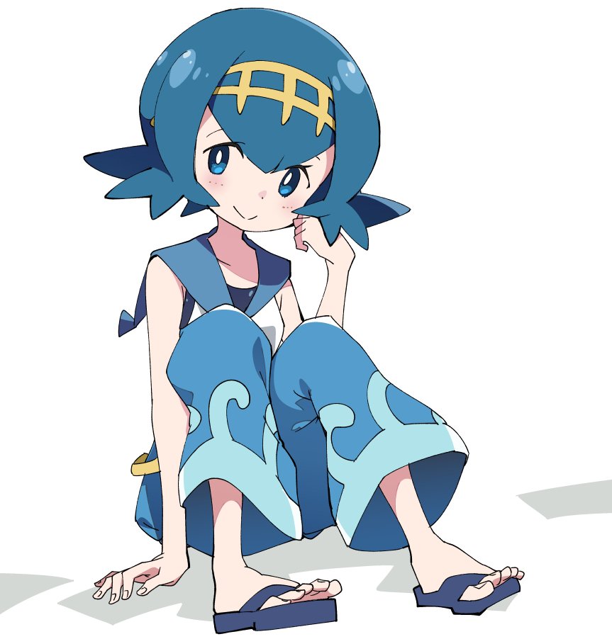 1girl blue_eyes blue_hair blue_pants closed_mouth full_body hairband ixy pants pokemon pokemon_(game) pokemon_sm sandals short_hair simple_background sitting sleeveless smile solo suiren_(pokemon) swimsuit swimsuit_under_clothes trial_captain white_background