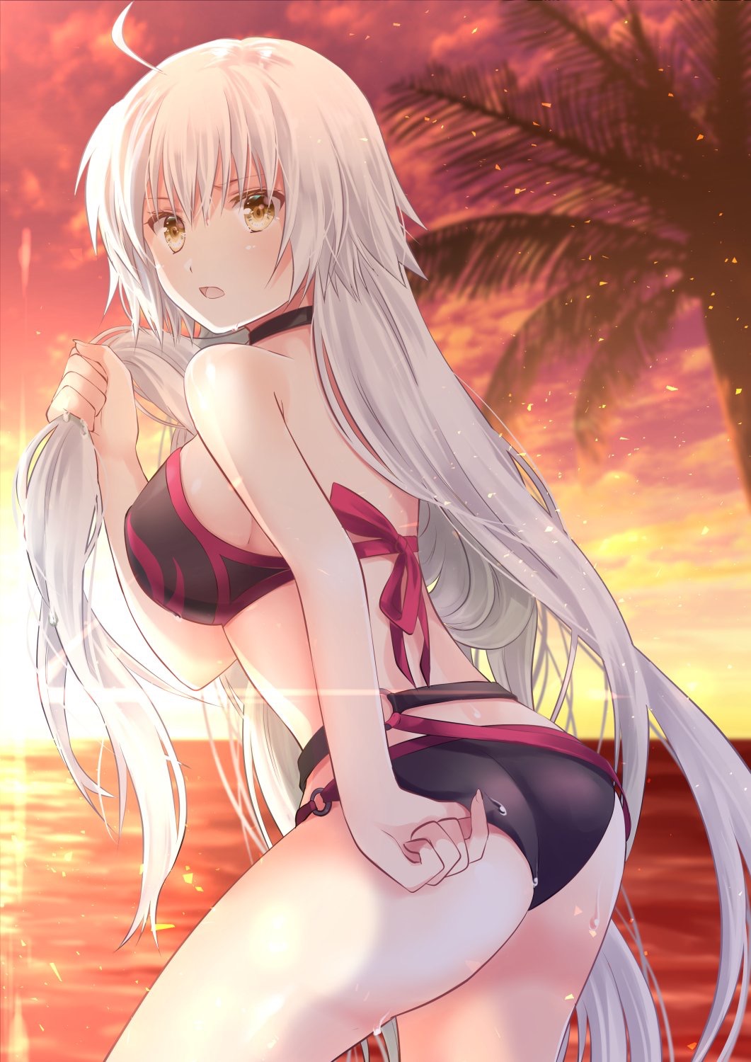 1girl :o ahoge ass back bare_arms bare_shoulders belt bikini black_bikini black_choker breasts brown_eyes choker clouds cloudy_sky cowboy_shot fate/grand_order fate_(series) from_behind highres holding holding_hair horizon iroha_(shiki) jeanne_d'arc_(alter_swimsuit_berserker) jeanne_d'arc_(fate)_(all) large_breasts long_hair looking_at_viewer looking_back ocean open_mouth orange_sky outdoors palm_tree sky solo standing sunset swimsuit thighs tree very_long_hair wet white_hair